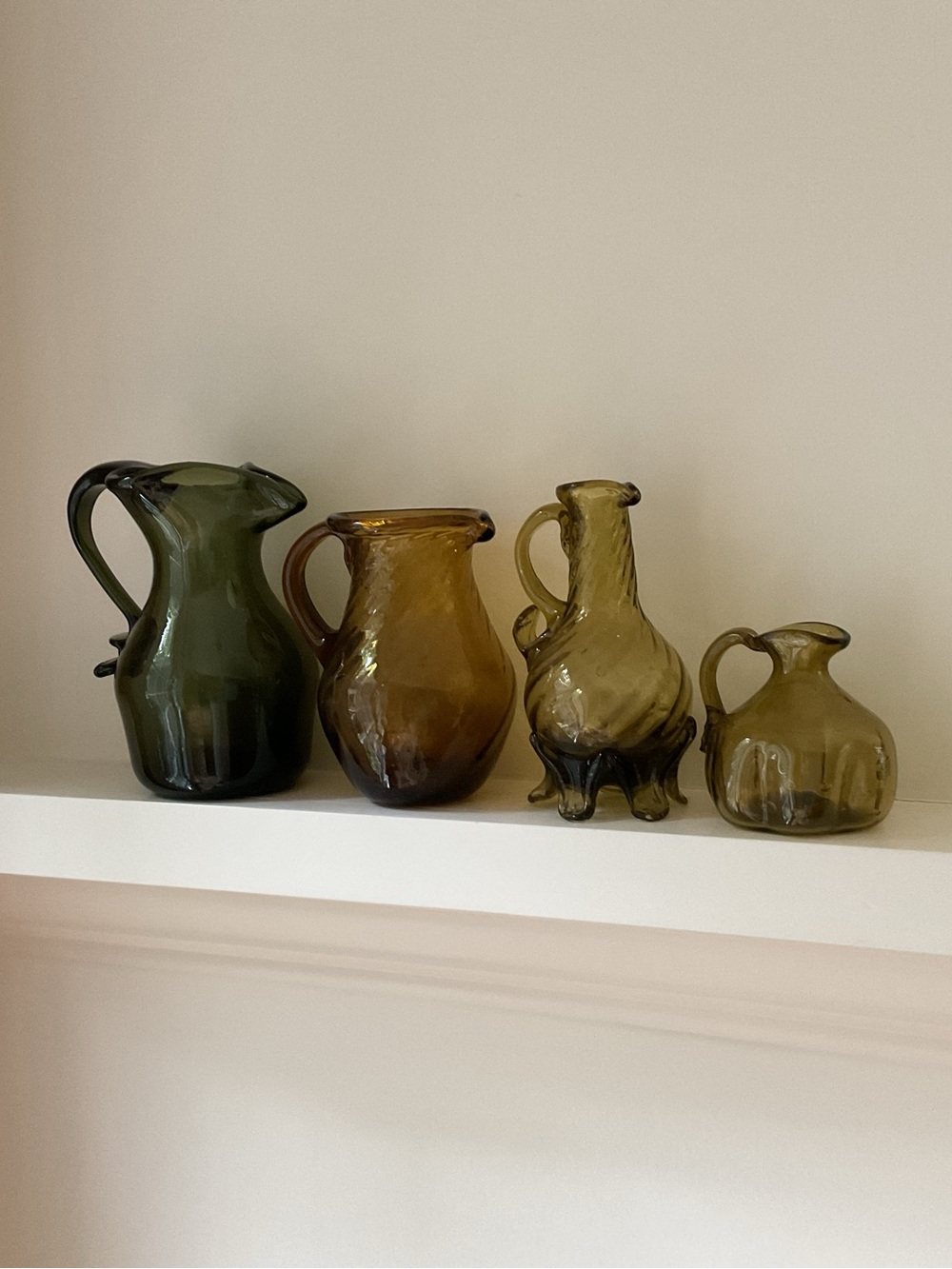 Amber & Green Vintage MCM Glass Pitchers, Decorative Collection
